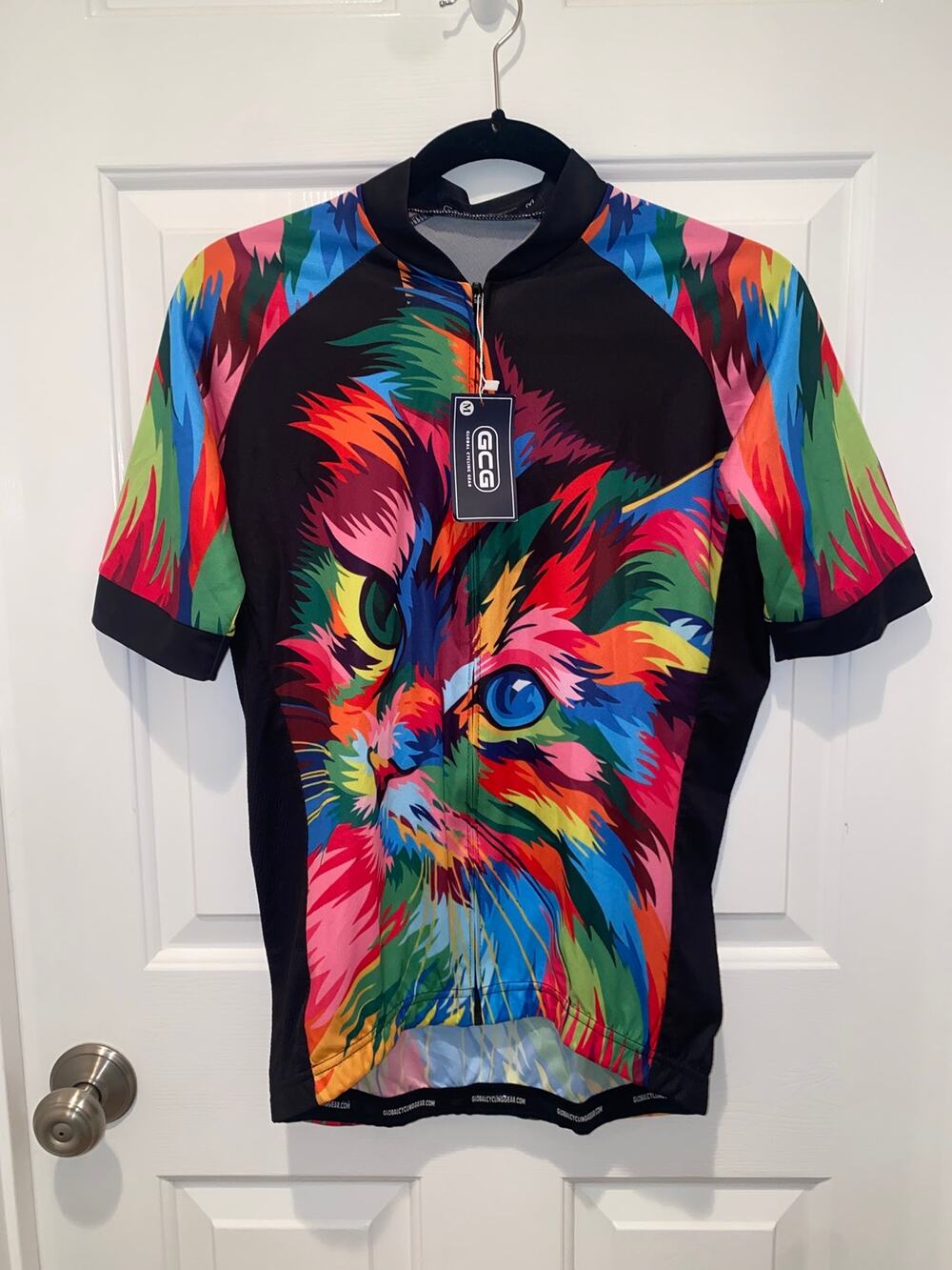 Global Cycling Gear Top Shirt Zip Front Short Sleeve Colorful Cat Medium NWT